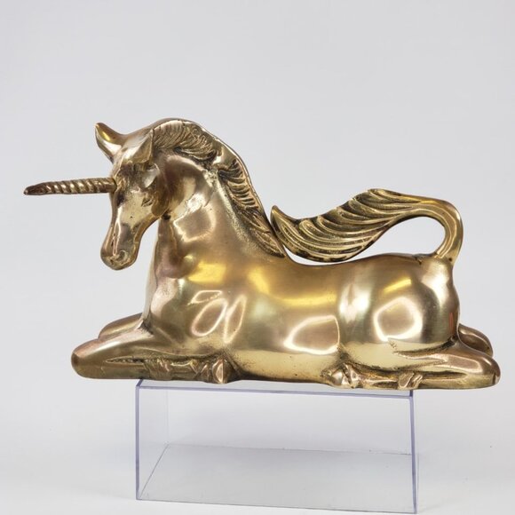 Vintage Large Solid Brass UNICORN Sculpture Laying Down Mythical Regency - Picture 1 of 12